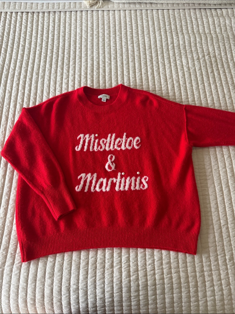 CeCe Red Crewneck Sweater with White "Mistletoe & Martinis" Text